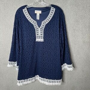 Alfred Dunner Womens 3X Navy Crochet Top White Lace Trim Fringe Boho Casual